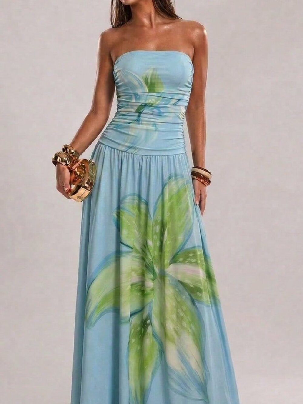 Blue Elegant Women's Strapless Floral Beach Maxi Dress